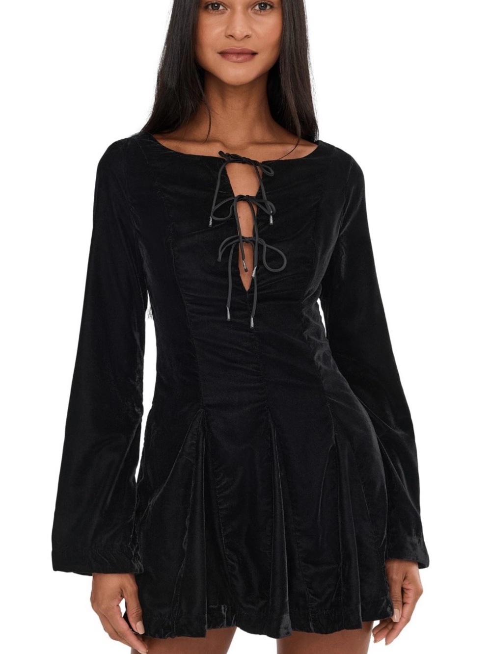 Free People Black Velvet Tie Front Bell Sleeve Dress Ren Faire Cocktail sz 2 NWT